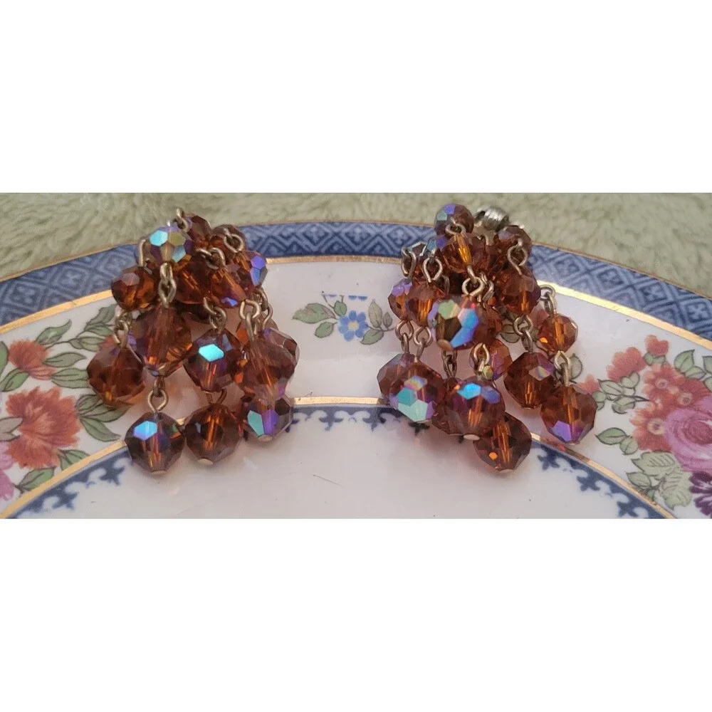 Laguna Topaz Aurora Borealis Clip-On Dangle Earrings - Signed - 1960's